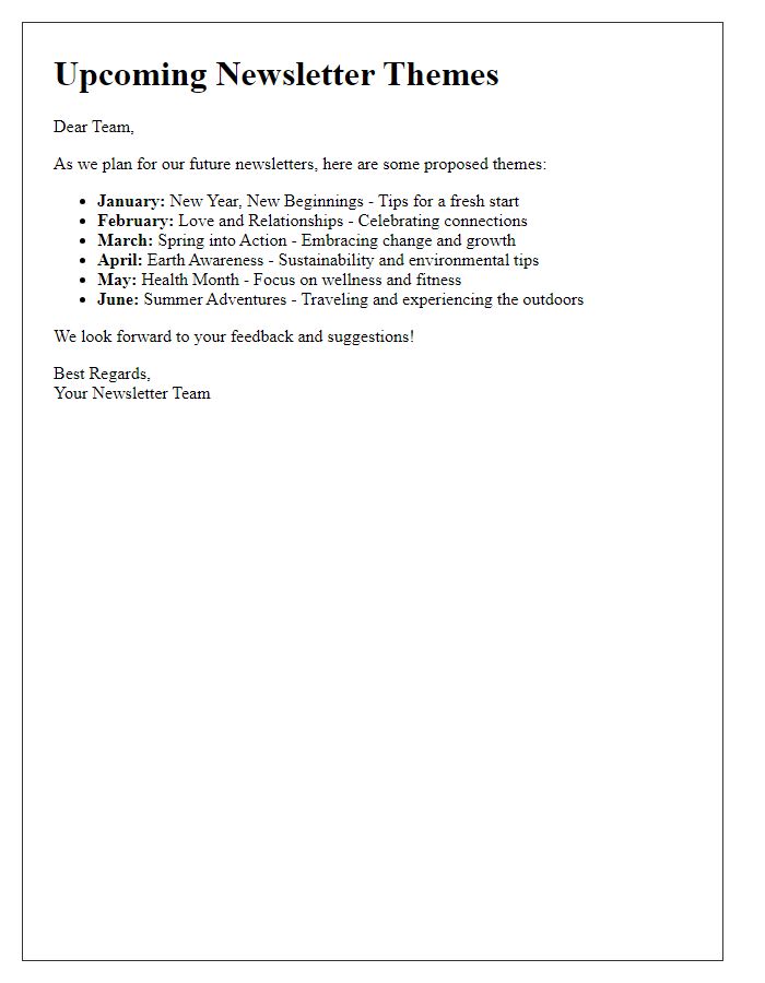 Letter template of projections for future newsletter themes.