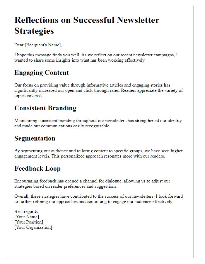 Letter template of reflections on successful newsletter strategies.