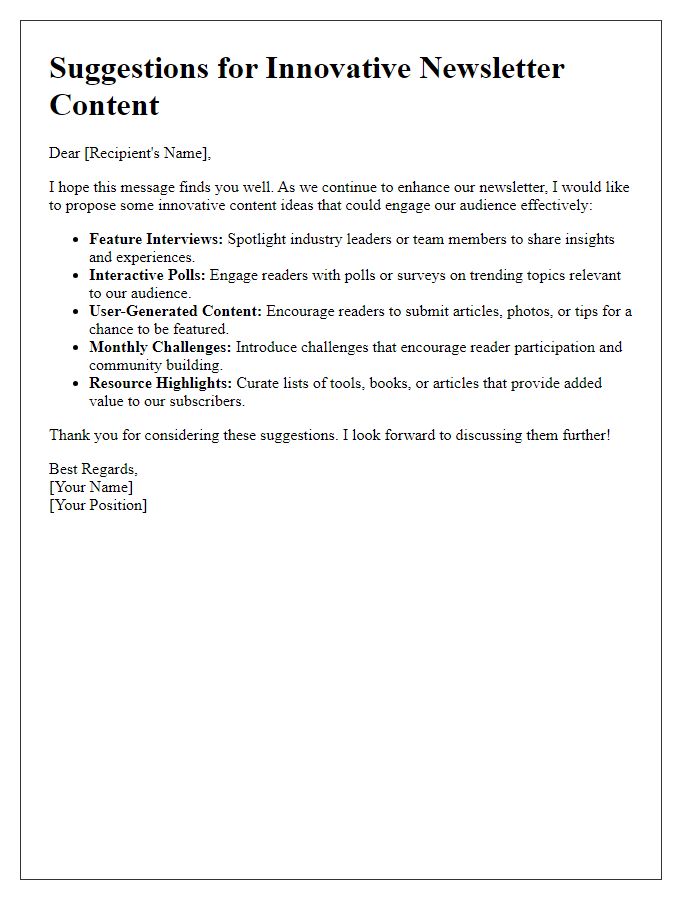 Letter template of suggestions for innovative newsletter content.