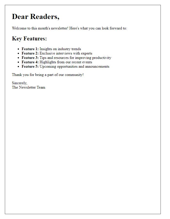 Letter template of Key Features in This Month's Newsletter