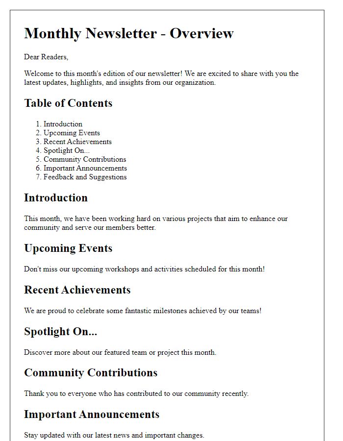 Letter template of Monthly Newsletter Overview