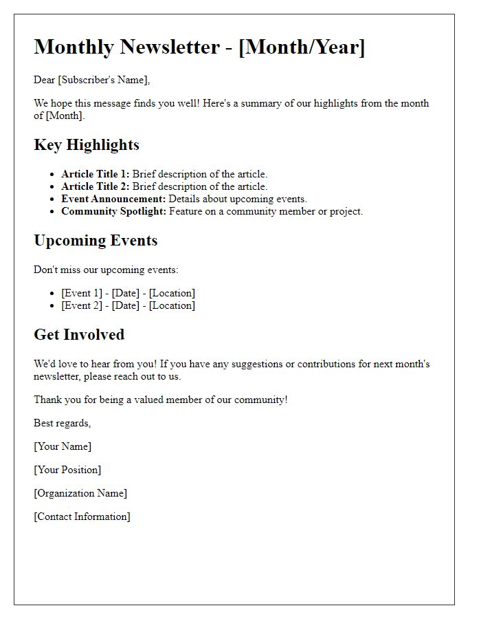 Letter template of Monthly Newsletter Summary