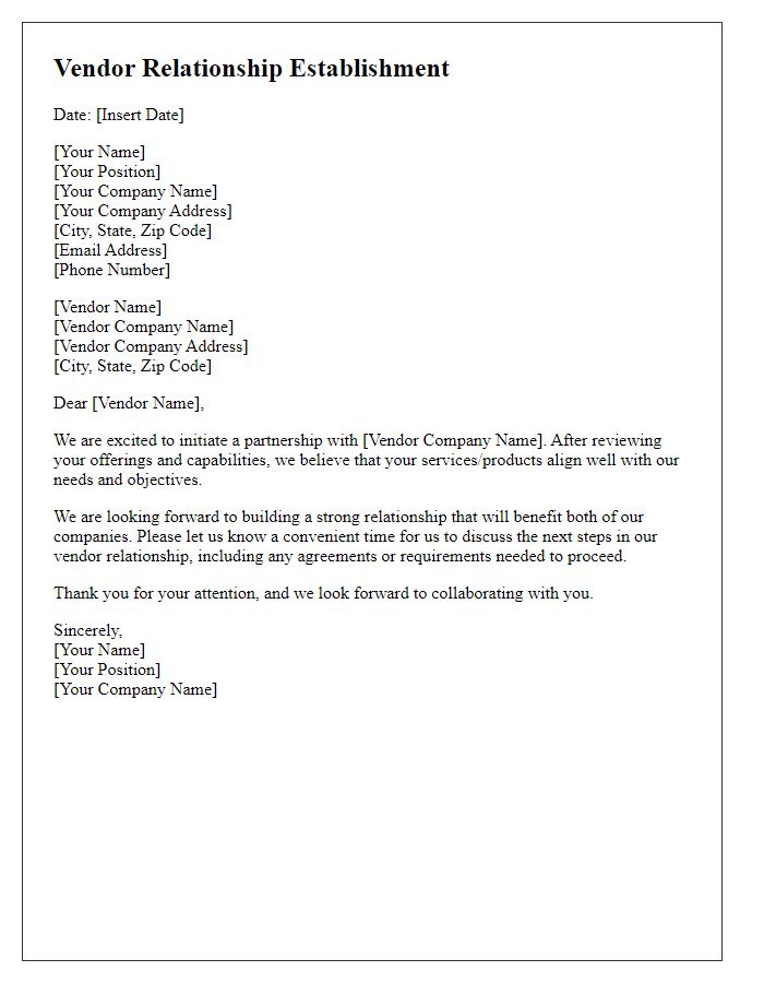 Letter template of vendor relationship establishment