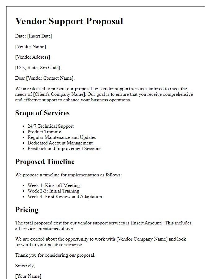 Letter template of vendor support proposal