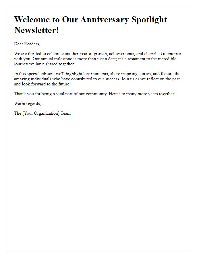 Letter template of anniversary spotlight newsletter welcome note