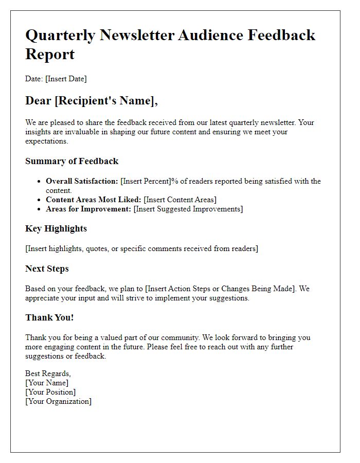 Letter template of quarterly newsletter audience feedback report