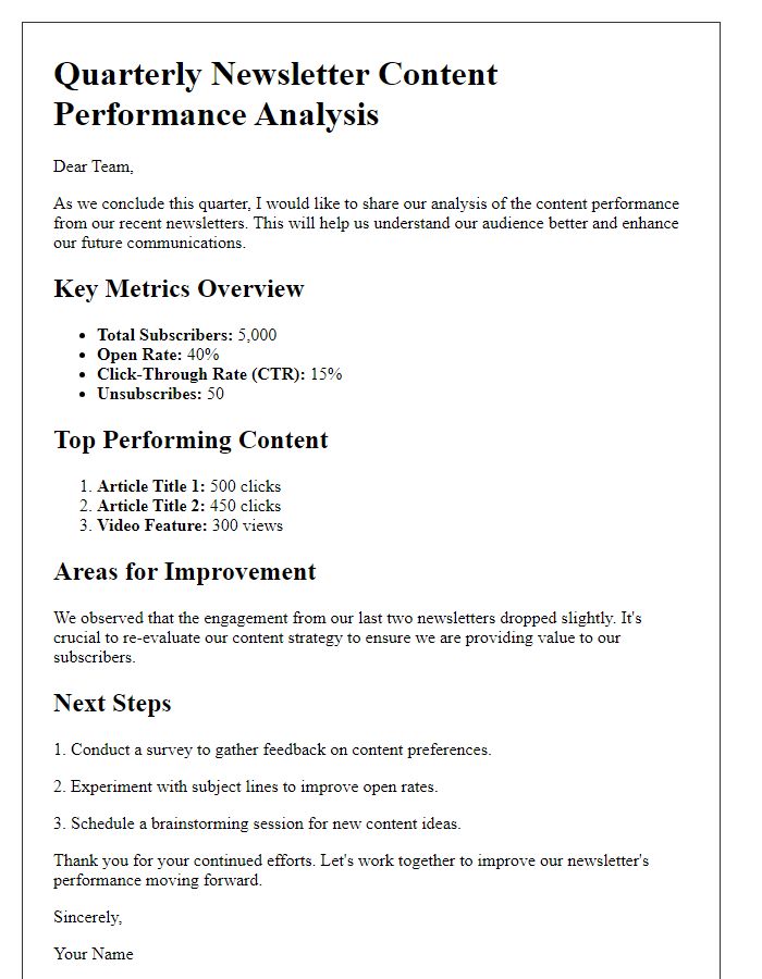 Letter template of quarterly newsletter content performance analysis