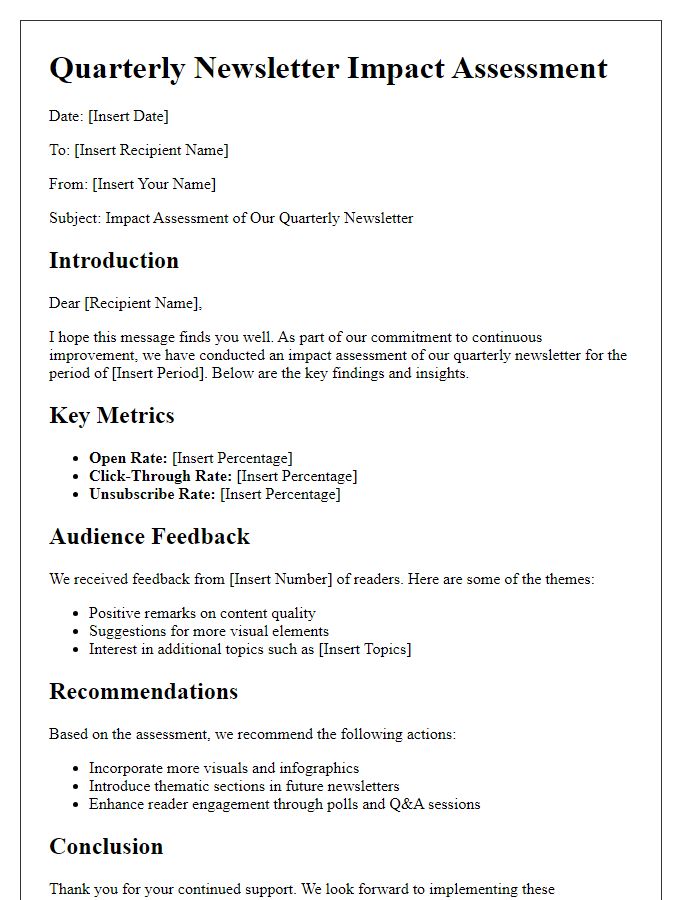 Letter template of quarterly newsletter impact assessment