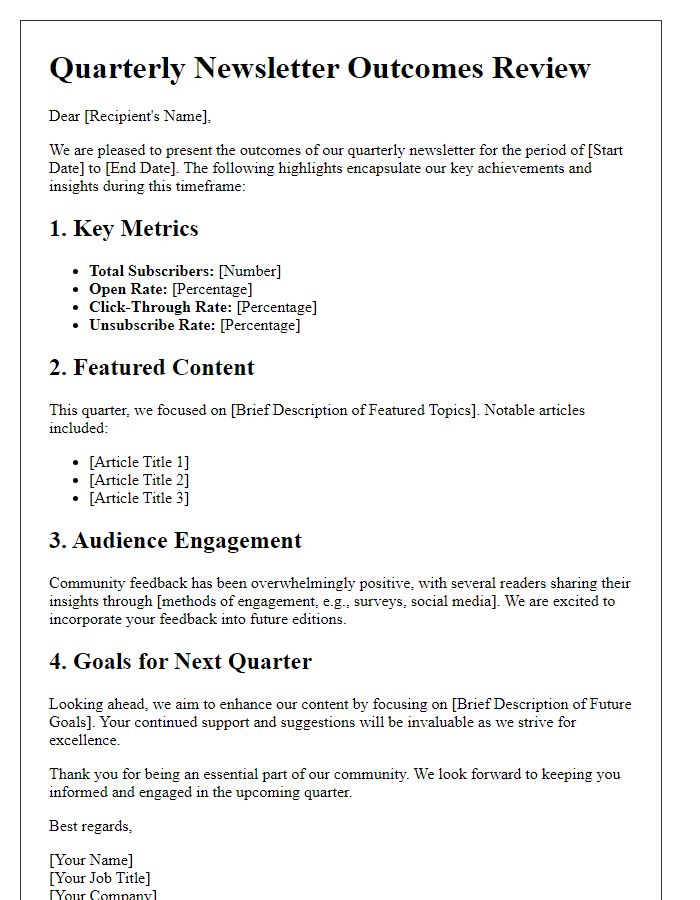 Letter template of quarterly newsletter outcomes review