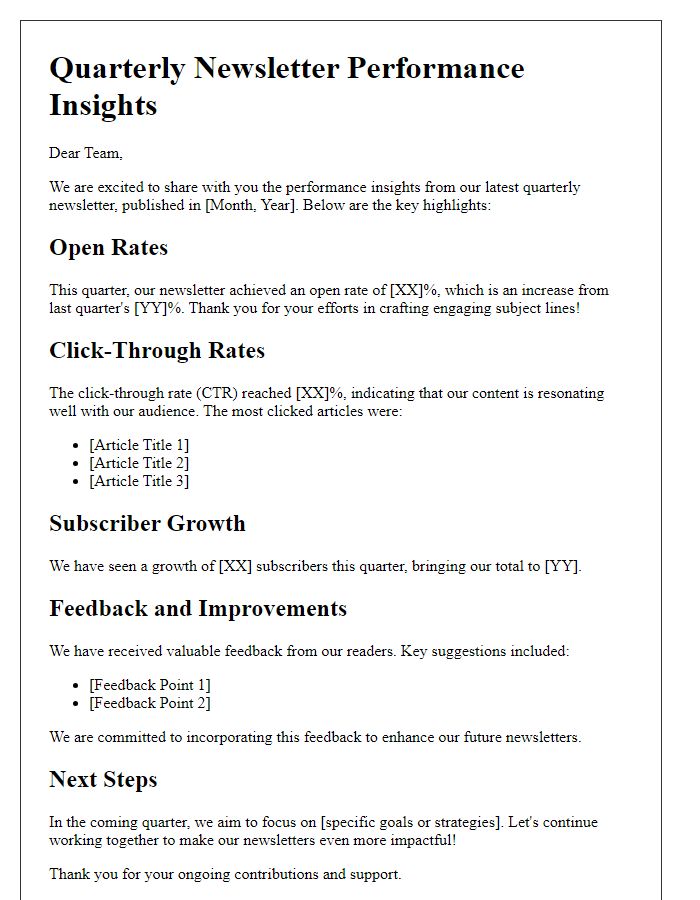 Letter template of quarterly newsletter performance insights