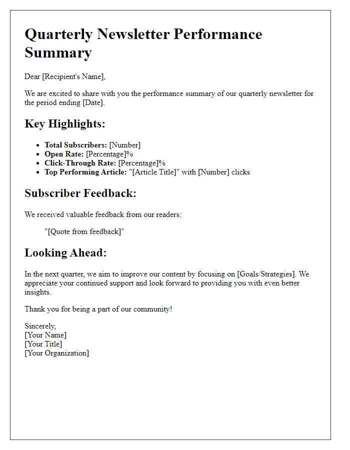 Letter template of quarterly newsletter performance summary