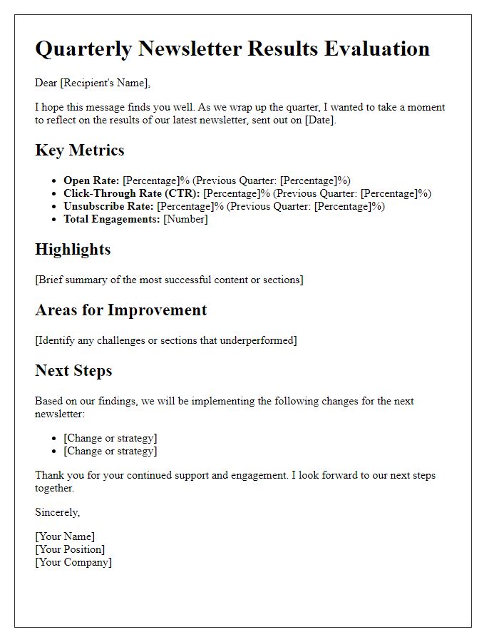 Letter template of quarterly newsletter results evaluation