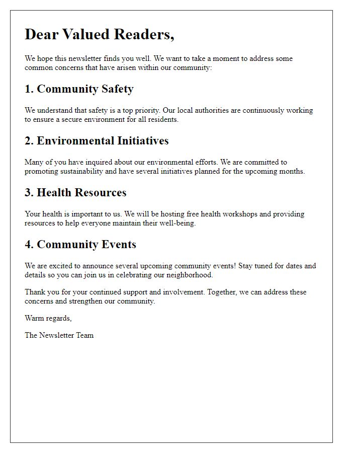 Letter template of common concerns addressed in our newsletter.