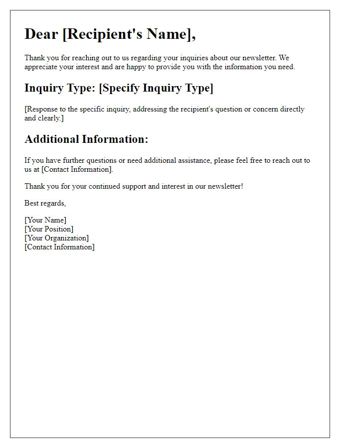 Letter template of responses to typical newsletter inquiries.