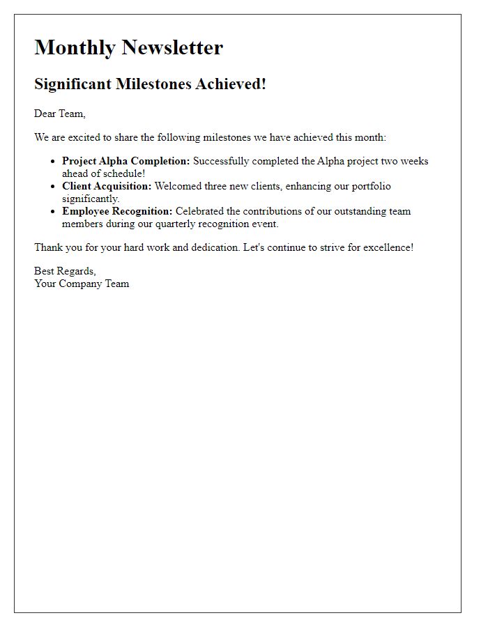 Letter template of highlighting significant milestones in our newsletter