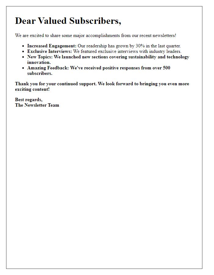 Letter template of informing subscribers about major newsletter accomplishments