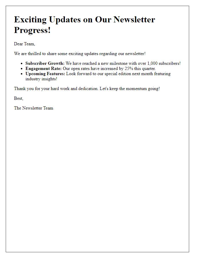 Letter template of sharing exciting updates on our newsletter progress