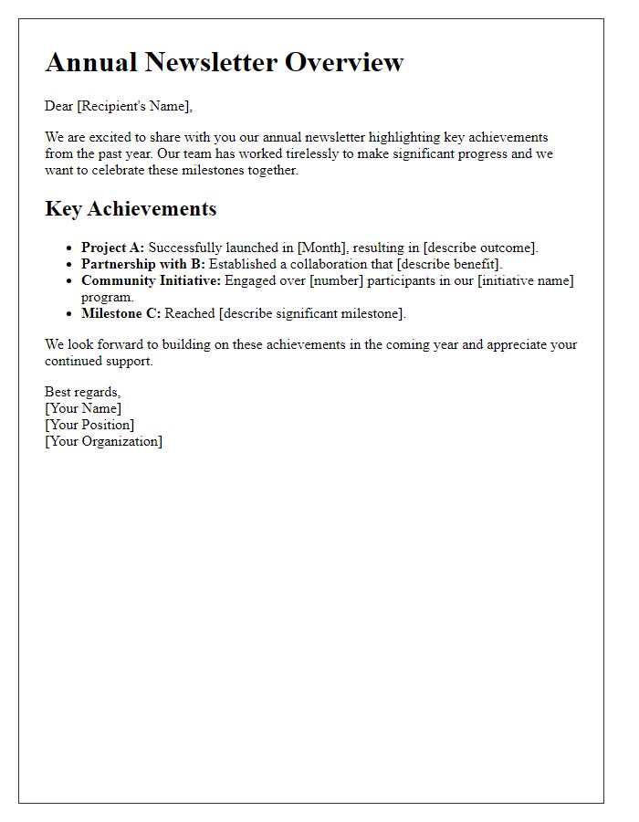 Letter template of annual newsletter overview and key achievements