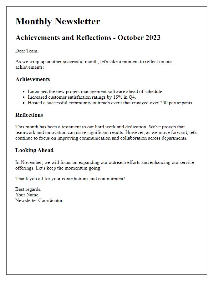 Letter template of newsletter achievements and reflections