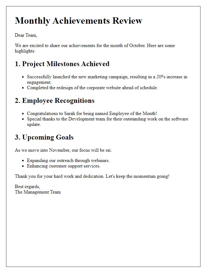 Letter template of newsletter achievements review