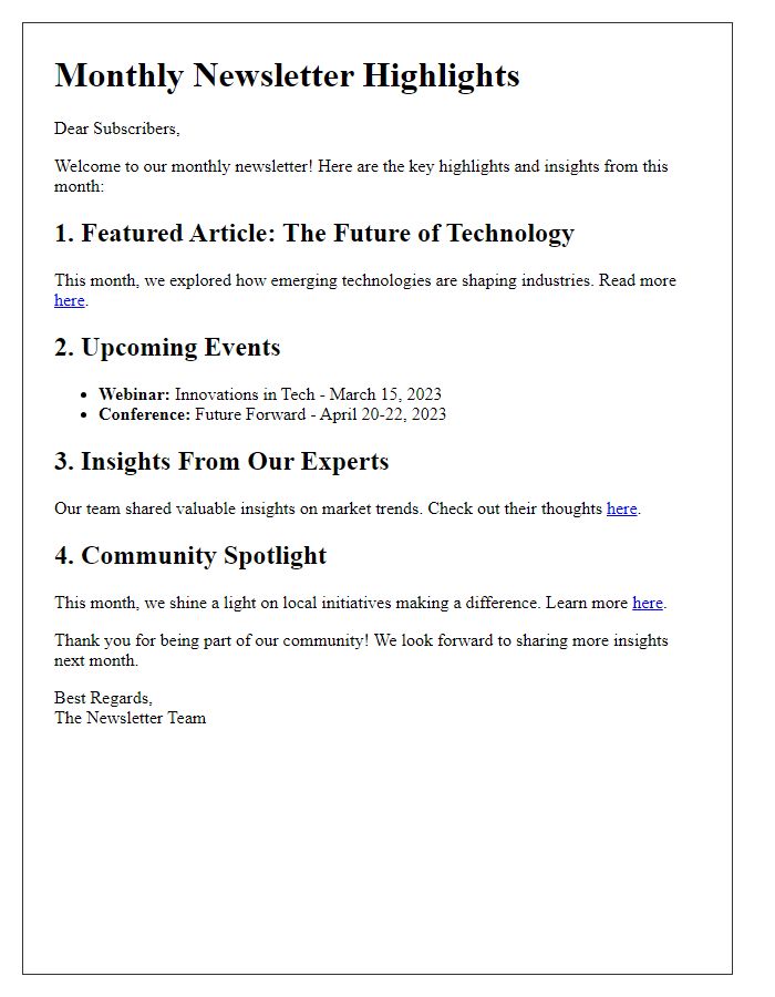 Letter template of newsletter highlights and insights