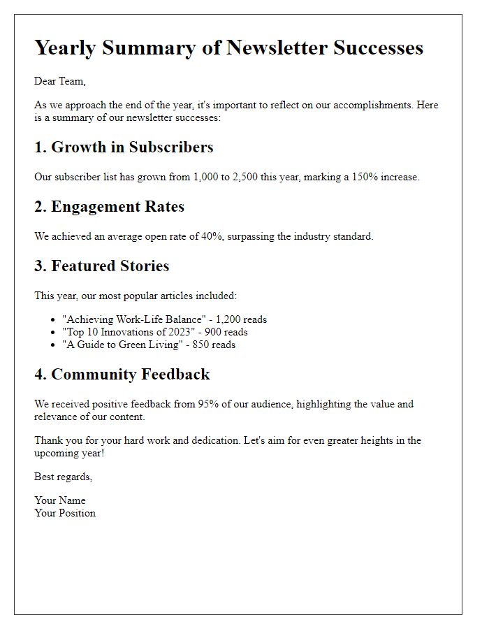 Letter template of yearly summary of newsletter successes