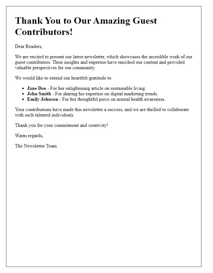 Letter template of celebrating our guest contributors in the latest newsletter