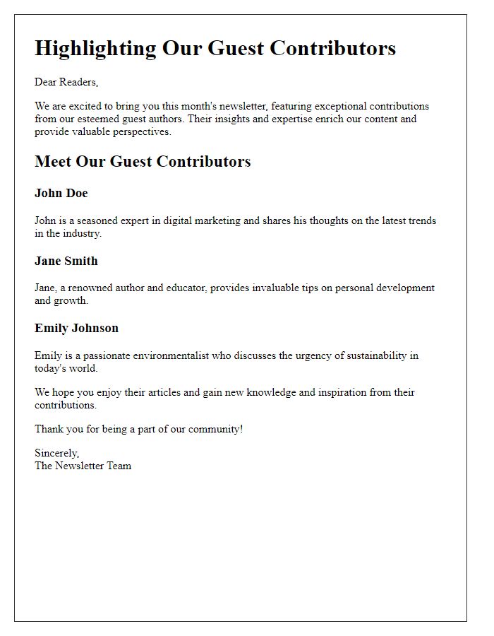 Letter template of highlighting guest contributors in this month's newsletter