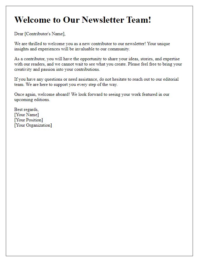 Letter template of welcoming new guest newsletter contributors