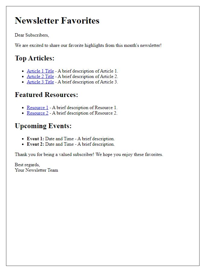 Letter template of displaying newsletter favorites.