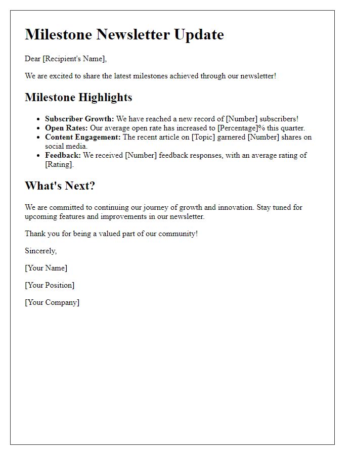 Letter template of featuring newsletter milestones.