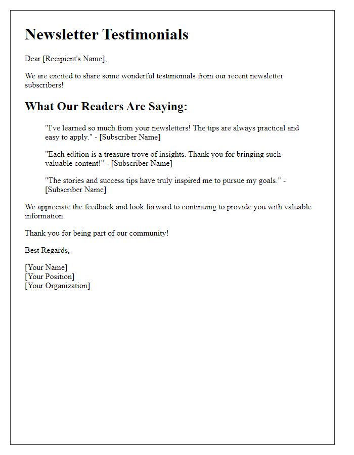 Letter template of sharing newsletter testimonials.