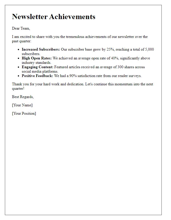 Letter template of showcasing newsletter achievements.