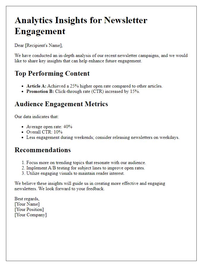 Letter template of analytics insights to enhance newsletter engagement