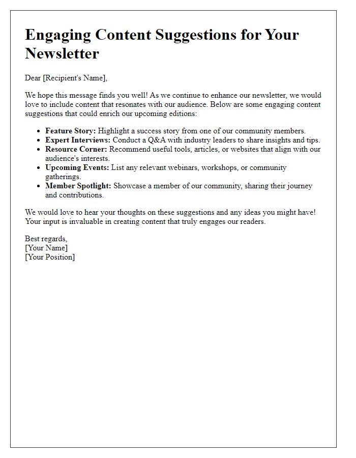 Letter template of engaging content suggestions for newsletters