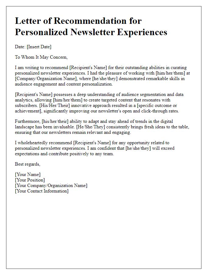 Letter template of recommendations for personalized newsletter experiences