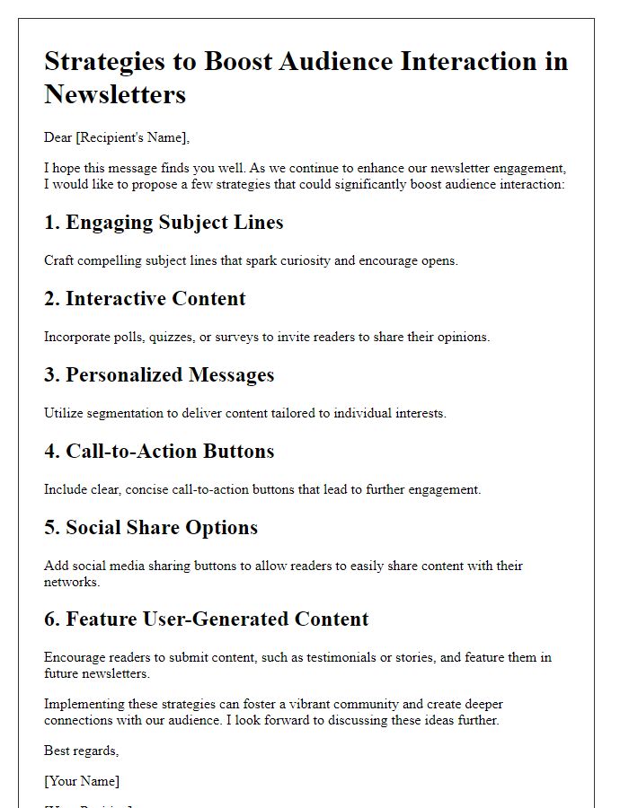 Letter template of strategies to boost audience interaction in newsletters