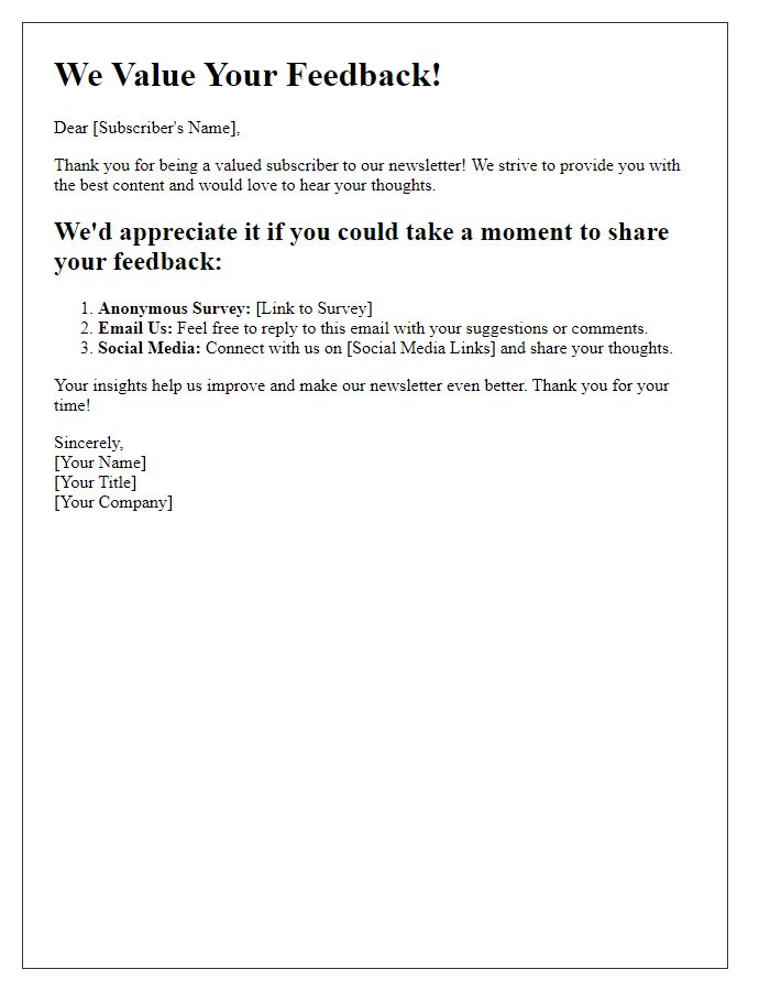 Letter template of ways to gather feedback from newsletter subscribers