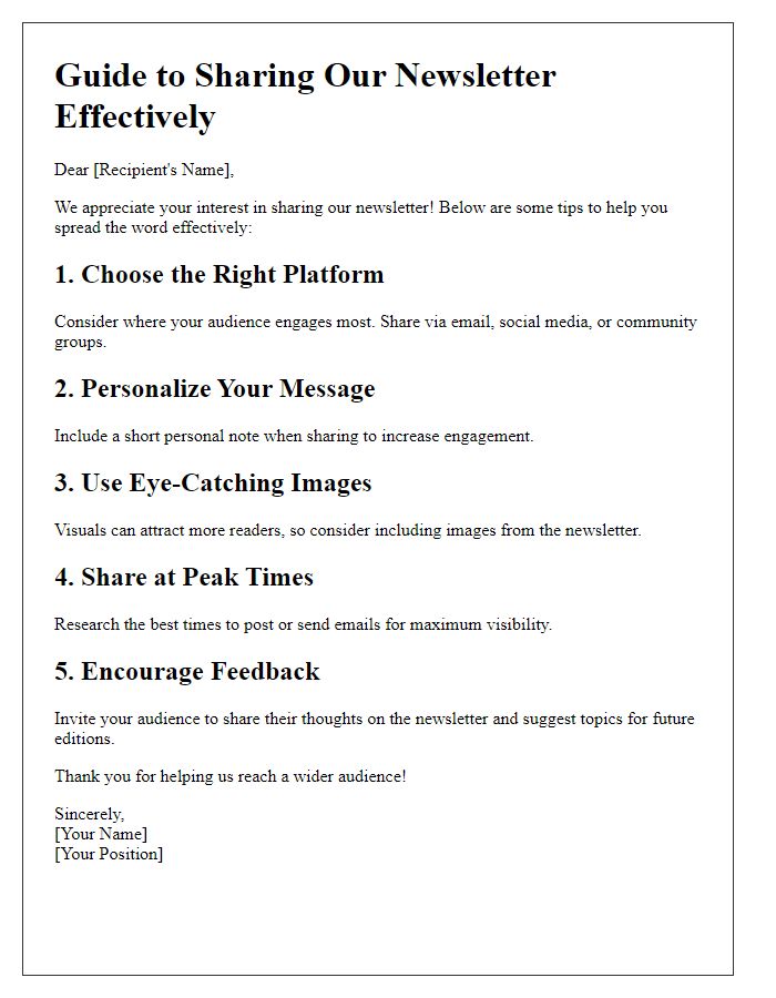 Letter template of a brief guide on how to share our newsletter effectively.