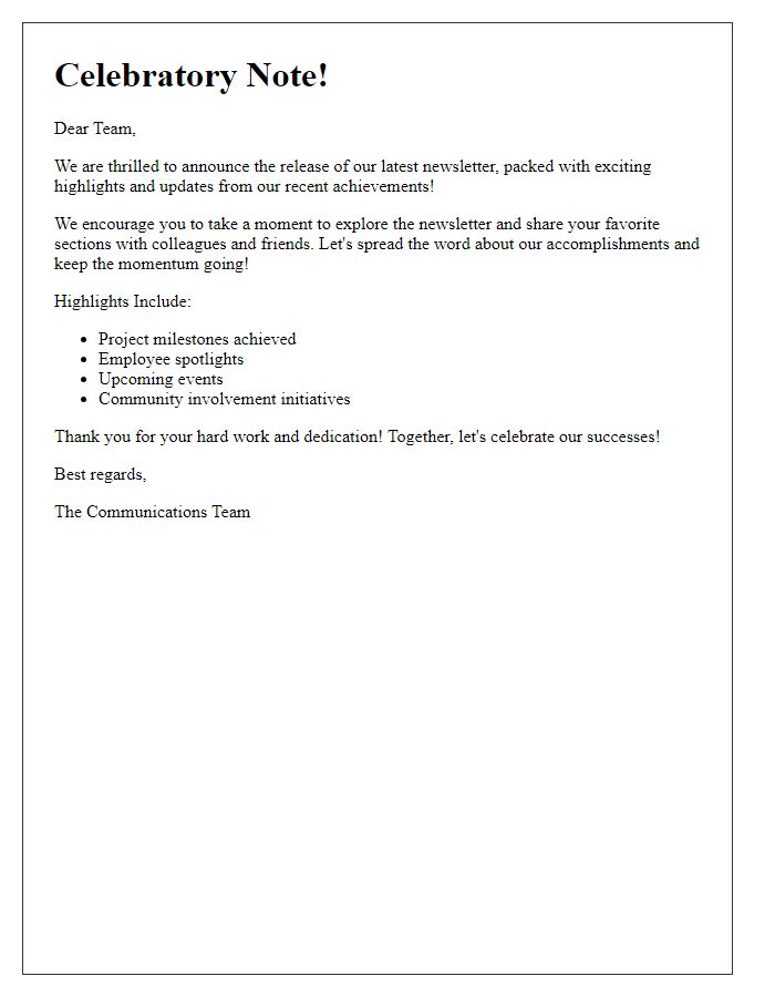 Letter template of a celebratory note encouraging sharing of the newsletter highlights.