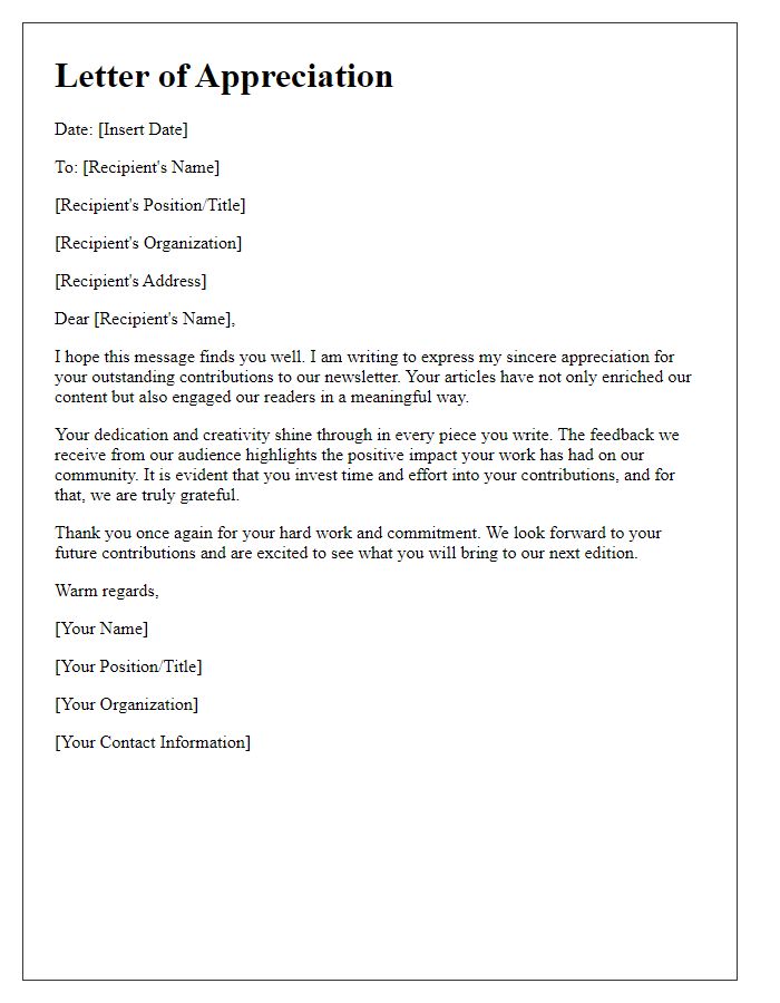 Letter template of appreciation for outstanding newsletter contributions.