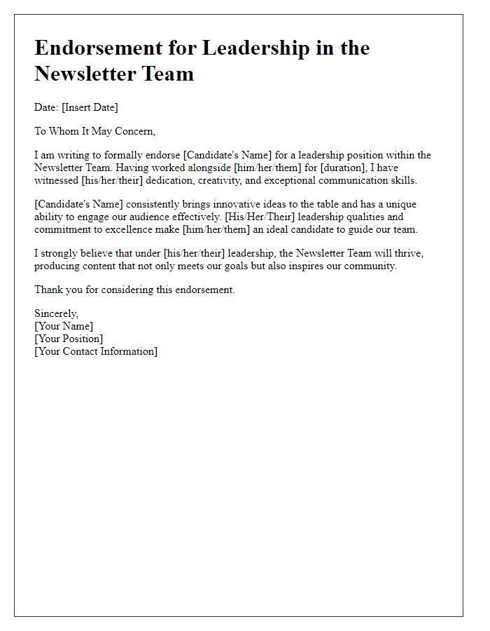 Letter template of endorsement for leadership in the newsletter team.