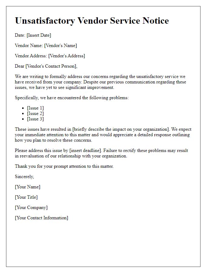 Letter template of unsatisfactory vendor service notice.