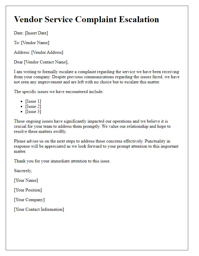 Letter template of vendor service complaint escalation.