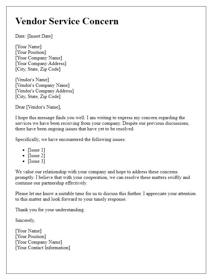 Letter template of vendor service concern.