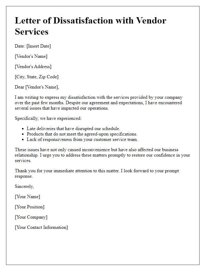 Letter template of vendor service dissatisfaction.