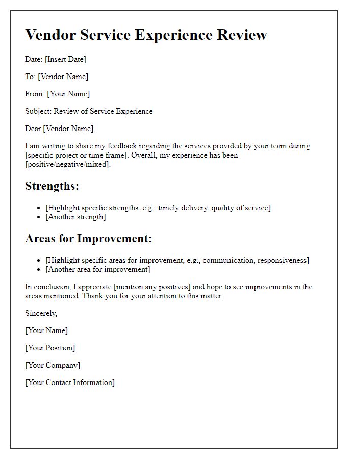 Letter template of vendor service experience review.