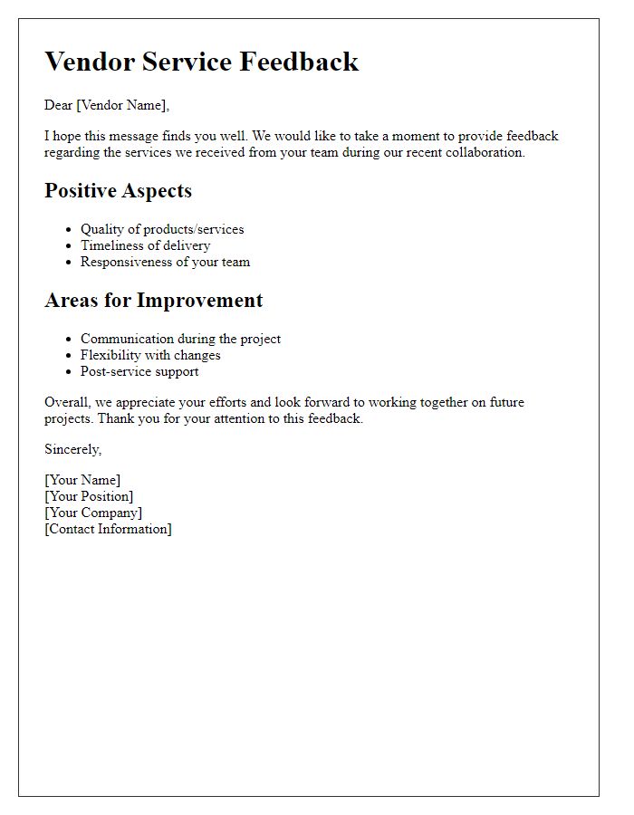 Letter template of vendor service feedback.