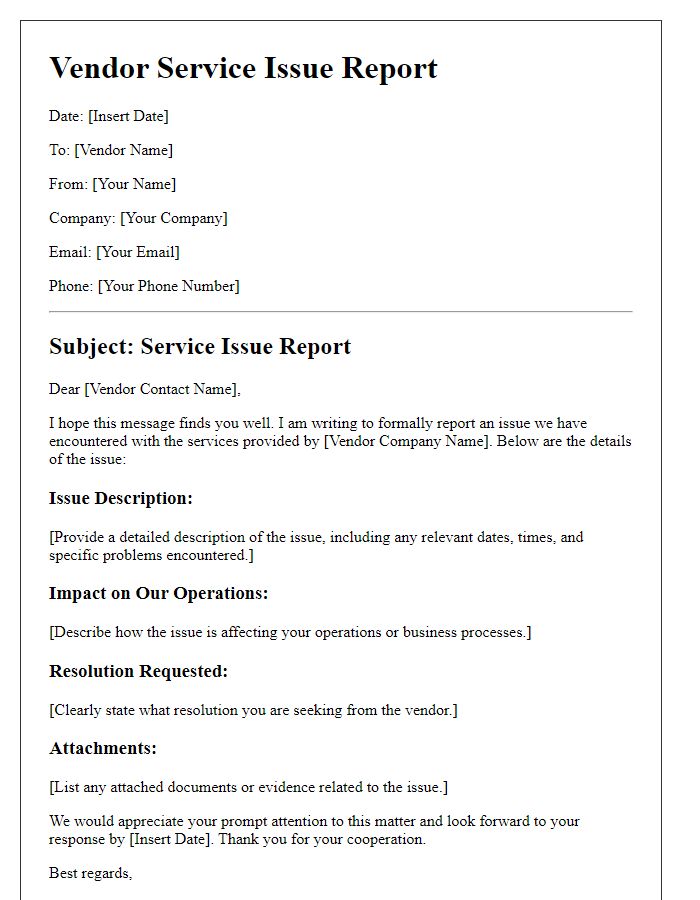 Letter template of vendor service issue report.