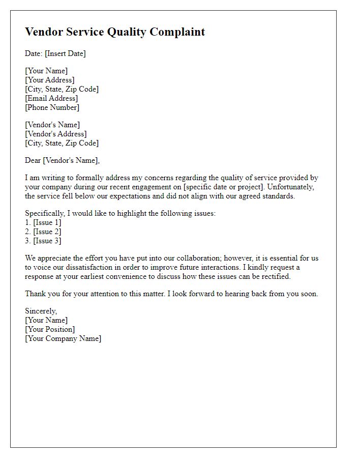 Letter template of vendor service quality complaint.